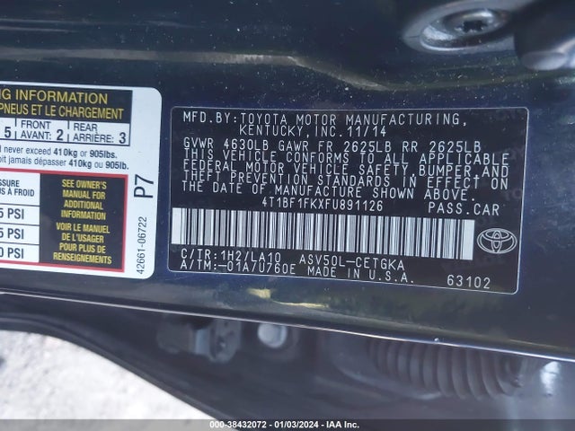 Toyota CAMRY XLE 2015 4T1BF1FKXFU891126 Image 9