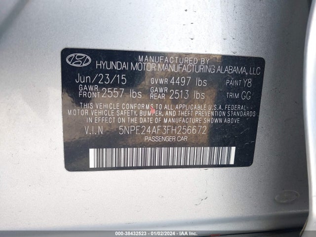 2015 HYUNDAI SONATA SE VIN: 5NPE24AF3FH256672
