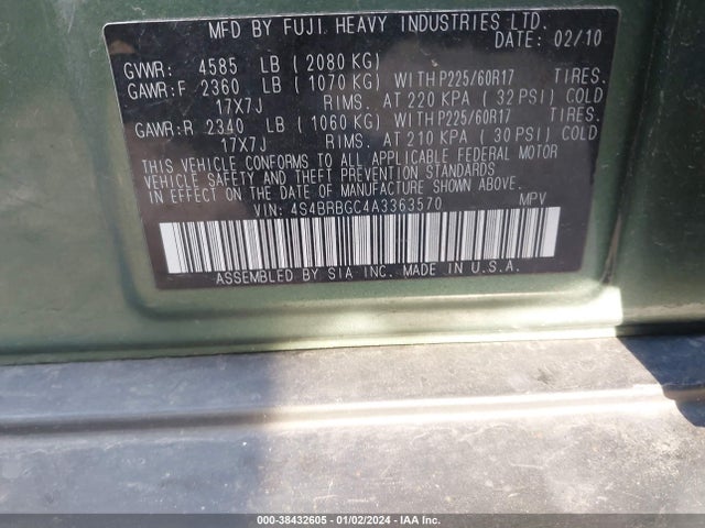 2010 SUBARU OUTBACK 2.5I PREMIUM VIN: 4S4BRBGC4A3363570