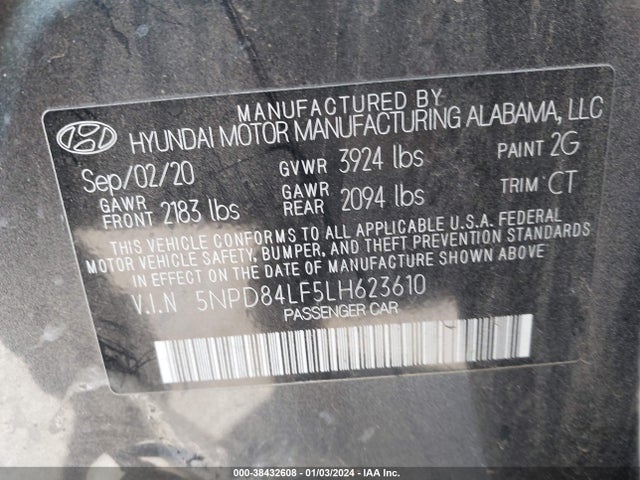 2020 HYUNDAI ELANTRA SEL VIN: 5NPD84LF5LH623610