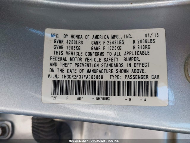 Honda ACCORD LX 2015 1HGCR2F37FA108068 Image 9