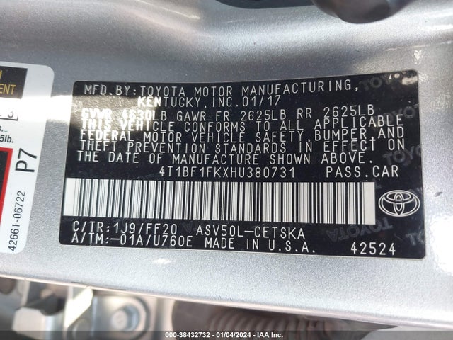 2017 TOYOTA CAMRY SE VIN: 4T1BF1FKXHU380731