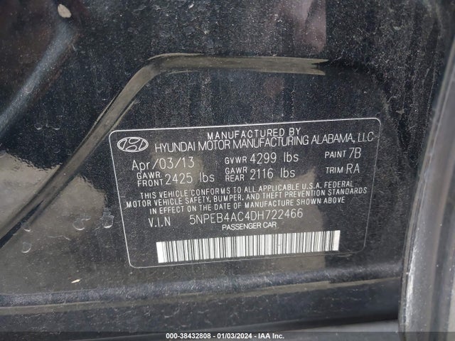 2013 HYUNDAI SONATA GLS VIN: 5NPEB4AC4DH722466
