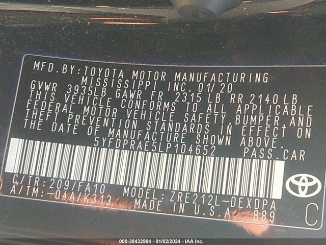 Toyota COROLLA L 2020 5YFDPRAE5LP104652 Image 9