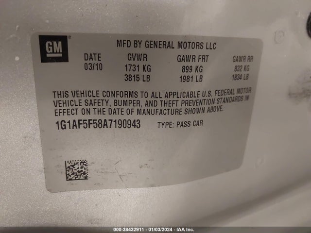 2010 CHEVROLET COBALT LT VIN: 1G1AF5F58A7190943