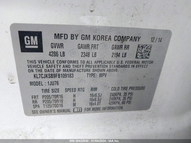 Chevrolet Trax 1ls 2015 KL7CJKSB9FB109183 Image 9