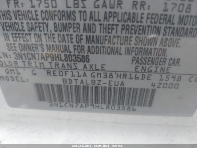 3N1CN7AP9HL803586 Nissan Versa 1.6 S/1.6 S+/1.6 Sl/1.6 Sv