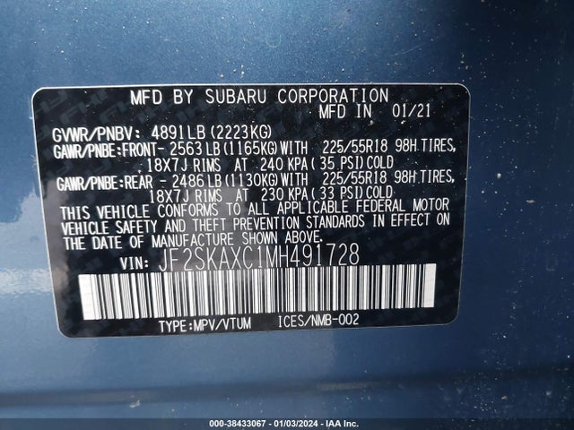 2021 SUBARU FORESTER TOURING VIN: JF2SKAXC1MH491728