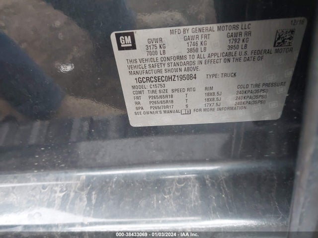 Chevrolet Silverado 1500 1lz 2017 1GCRCSEC0HZ195084 Image 9