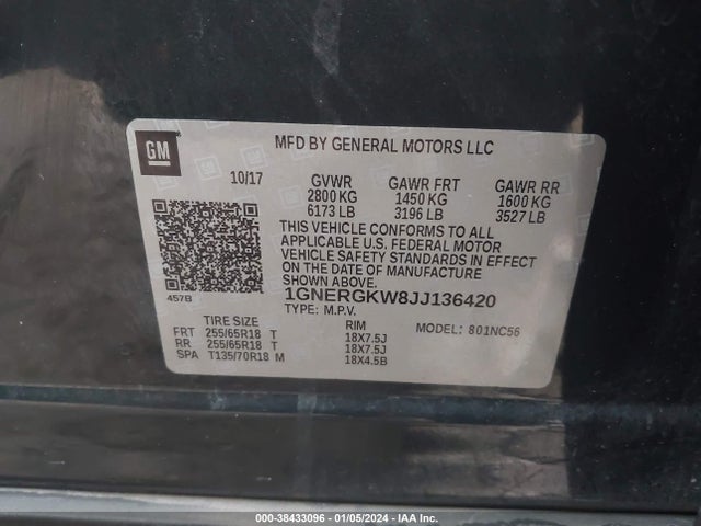 Chevrolet Traverse 1lt 2018 1GNERGKW8JJ136420 Image 9