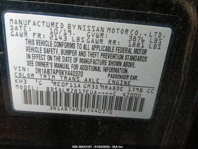 2019 NISSAN SENTRA SR VIN: 3N1AB7AP8KY440370