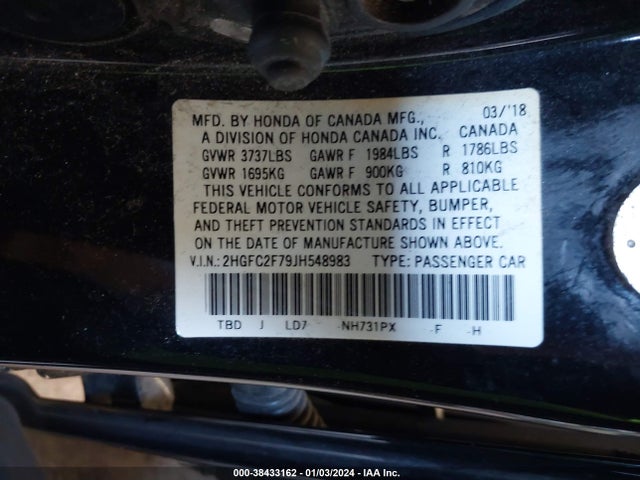 Honda CIVIC EX 2018 2HGFC2F79JH548983 Image 9