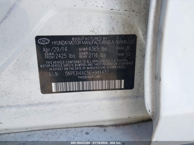2014 HYUNDAI SONATA GLS VIN: 5NPEB4AC5EH941437