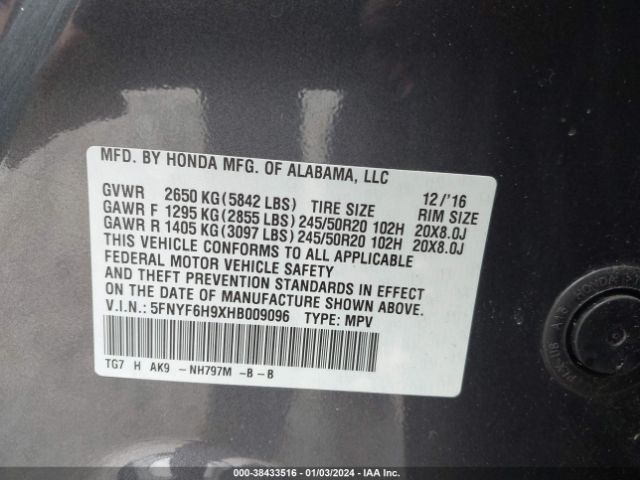 5FNYF6H9XHB009096 Honda Pilot Touring
