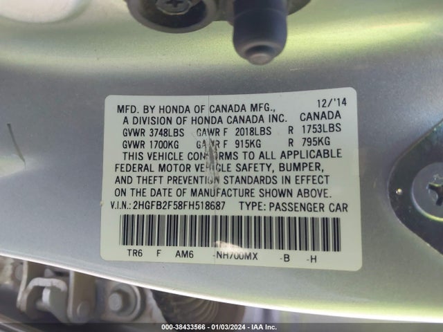 Honda Civic Lx 2015 2HGFB2F58FH518687 Image 9