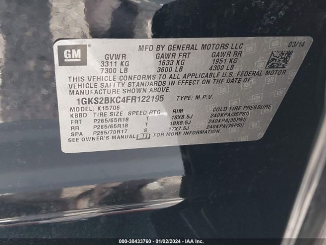 1GKS2BKC4FR122195 GMC YUKON SLT
