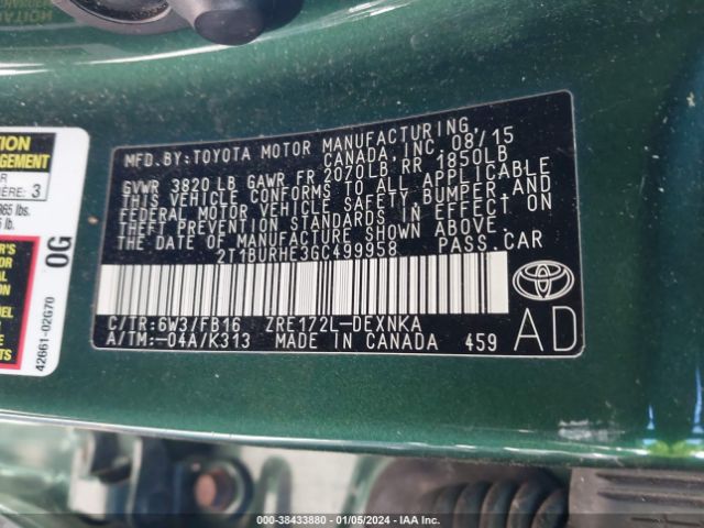 2T1BURHE3GC499958 Toyota Corolla Le Plus