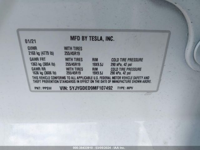 5YJYGDED9MF107492 Tesla Model Y Standard Range Rear-wheel Drive
