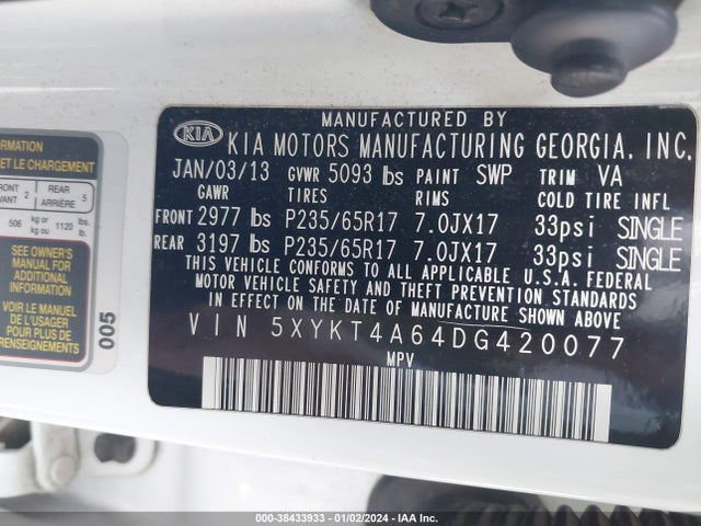 2013 KIA SORENTO LX VIN: 5XYKT4A64DG420077