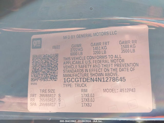 2022 CHEVROLET COLORADO 4WD SHORT BOX Z71 VIN: 1GCGTDEN4N1278645