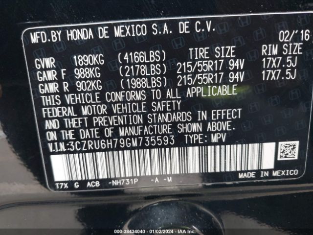 3CZRU6H79GM735593 Honda Hr-v Ex-l