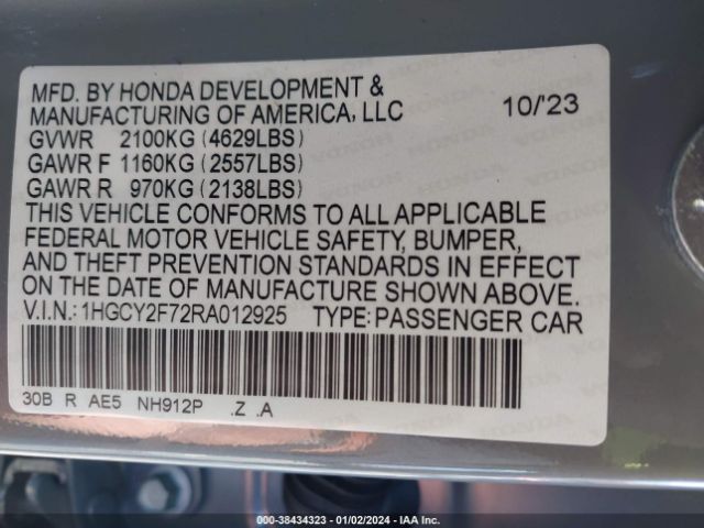 1HGCY2F72RA012925 Honda Accord Hybrid Sport-l
