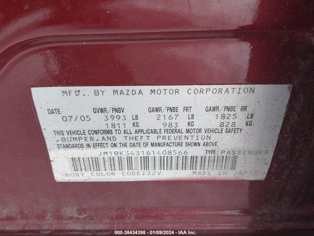 2006 MAZDA MAZDA3 S TOURING VIN: JM1BK343161408566