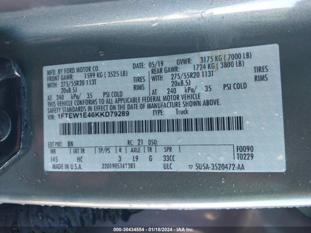 1FTEW1E46KKD79289 Ford F-150 Lariat