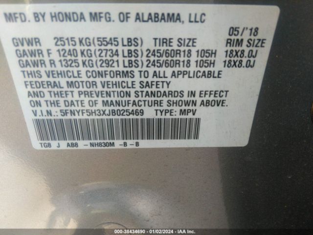 5FNYF5H3XJB025469 Honda Pilot Ex