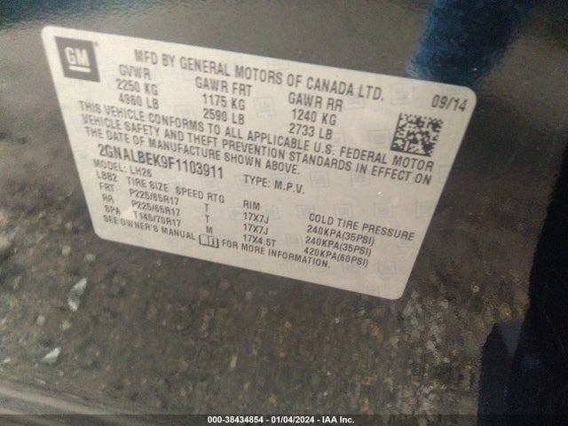 Chevrolet EQUINOX 1LT 2015 2GNALBEK9F1103911 Image 9