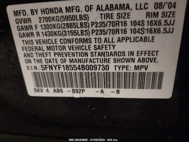 2004 HONDA PILOT EX-L VIN: 5FNYF18554B009730