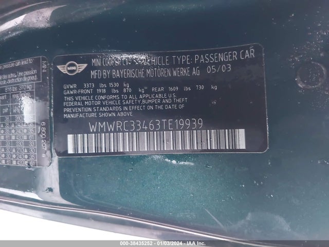 2003 MINI COOPER HARDTOP WMWRC33463TE19939 Photo 8
