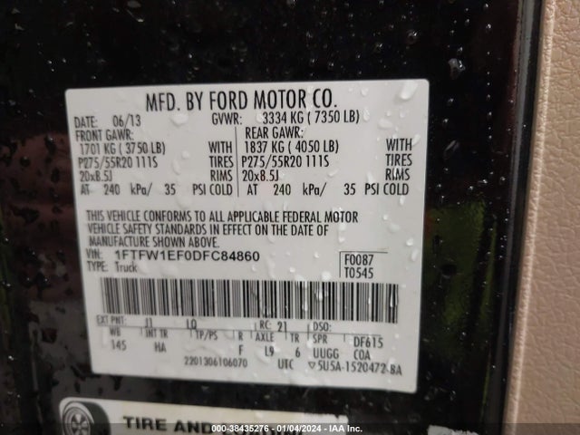 2013 FORD F-150 LARIAT VIN: 1FTFW1EF0DFC84860