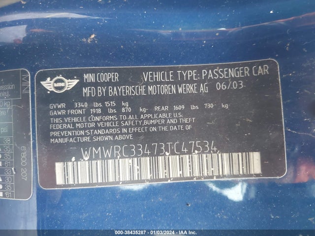 2003 MINI COOPER HARDTOP WMWRC33473TC47534 Photo 8