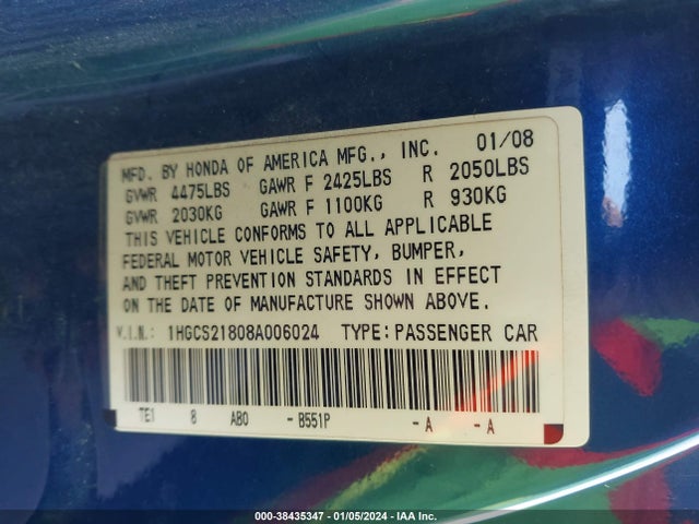 2008 HONDA ACCORD 3.5 EX-L VIN: 1HGCS21808A006024