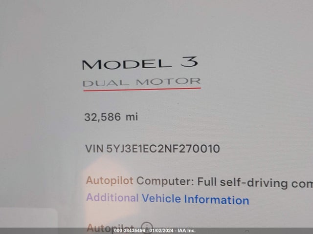 2022 TESLA MODEL 3 PERFORMANCE DUAL MOTOR ALL-WHEEL DRIVE VIN: 5YJ3E1EC2NF270010