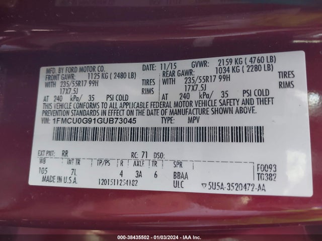 2016 FORD ESCAPE SE VIN: 1FMCU0G91GUB73045
