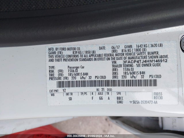 2017 FORD FIESTA S VIN: 3FADP4TJ4HM146912