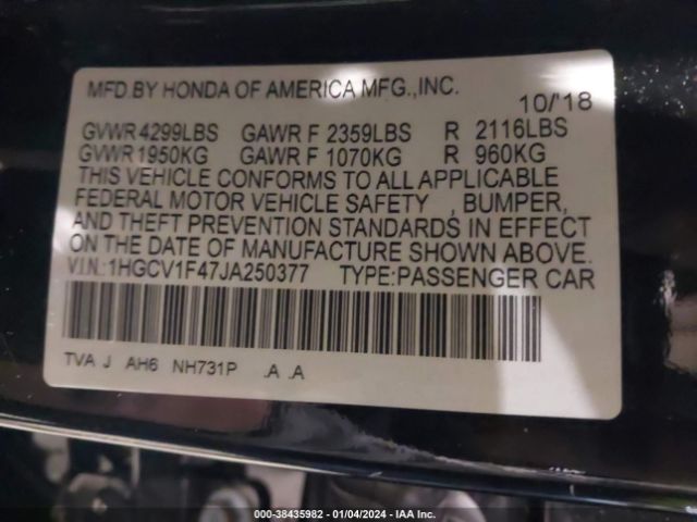 1HGCV1F47JA250377 Honda ACCORD EX