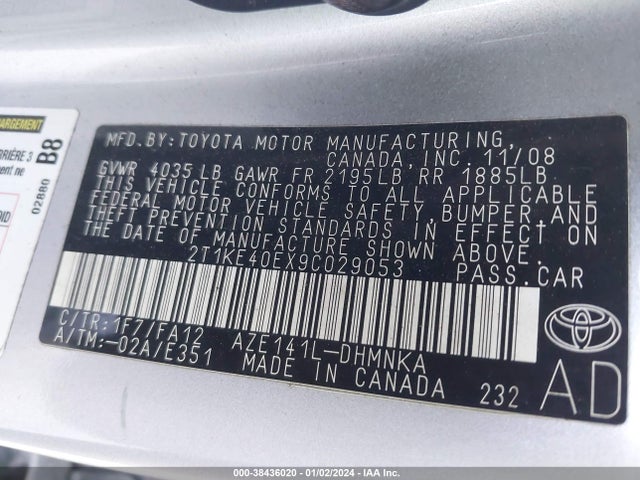 2009 TOYOTA MATRIX S VIN: 2T1KE40EX9C029053