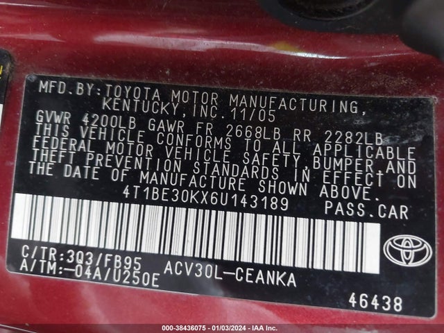 2006 TOYOTA CAMRY LE VIN: 4T1BE30KX6U143189