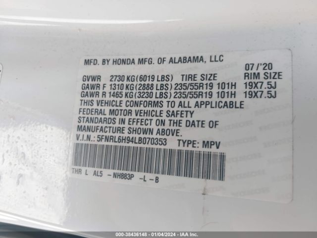 5FNRL6H94LB070353 Honda Odyssey Elite