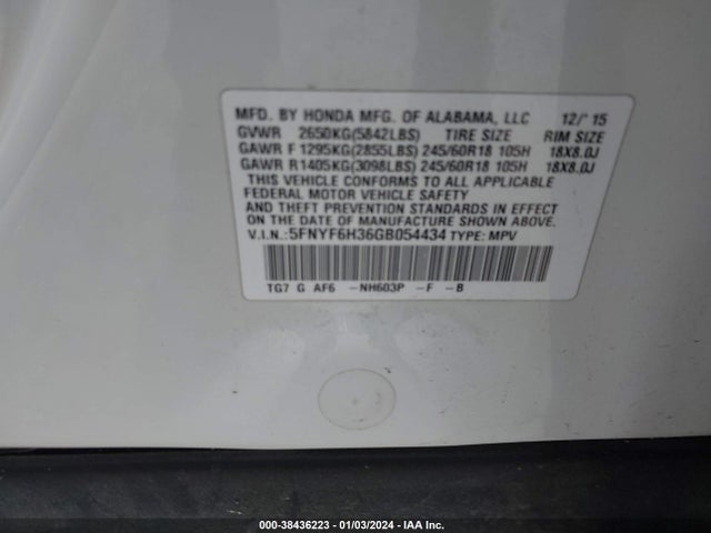 Honda Pilot Ex 2016 5FNYF6H36GB054434 Image 9