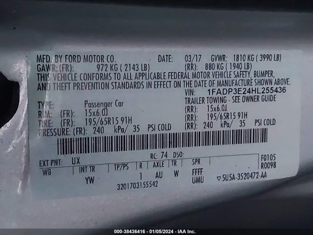 2017 FORD FOCUS S VIN: 1FADP3E24HL255436