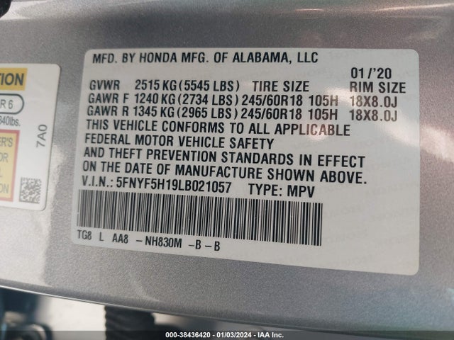 Honda Pilot 2wd Lx 2020 5FNYF5H19LB021057 Image 9