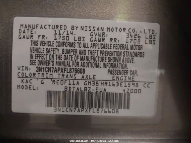 3N1CN7APXFL876608 Nissan Versa 1.6 Sv