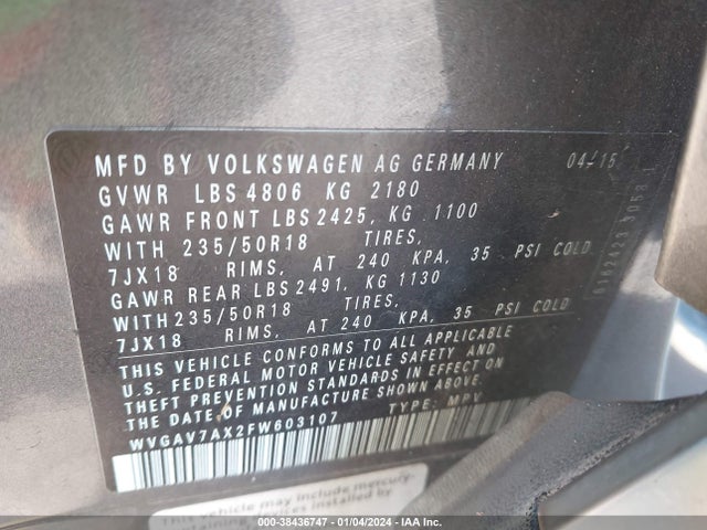 2015 VOLKSWAGEN TIGUAN SEL VIN: WVGAV7AX2FW603107