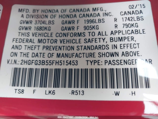 2015 HONDA CIVIC LX VIN: 2HGFG3B55FH515453