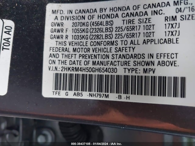 2016 HONDA CR-V EX VIN: 2HKRM4H50GH654030