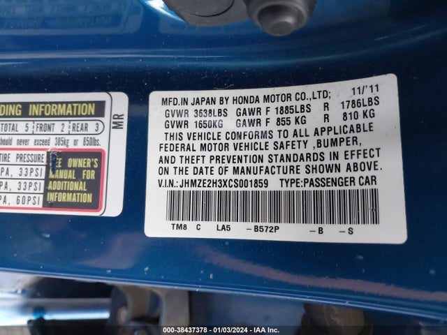 2012 HONDA INSIGHT VIN: JHMZE2H3XCS001859